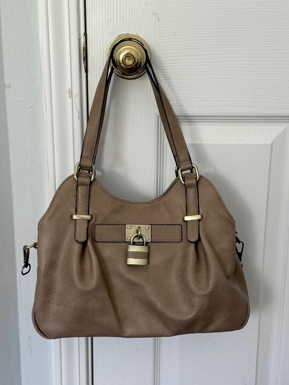 Taupe Faux Leather Shoulder Bag with Padlock Accent